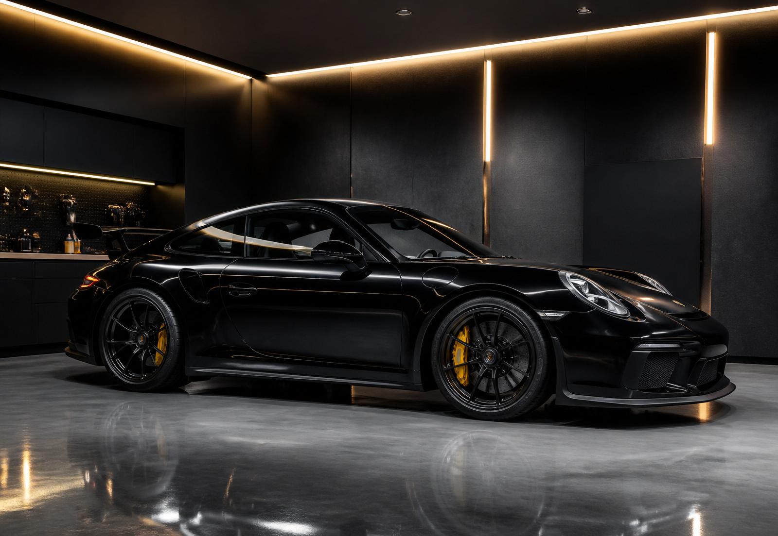 Premium Porsche sportwagen met spiegelglanzende lak in een detailing studio